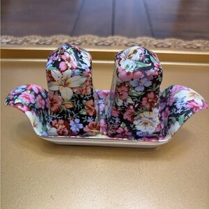 Floral Salt and Pepper Shakers with Tray
